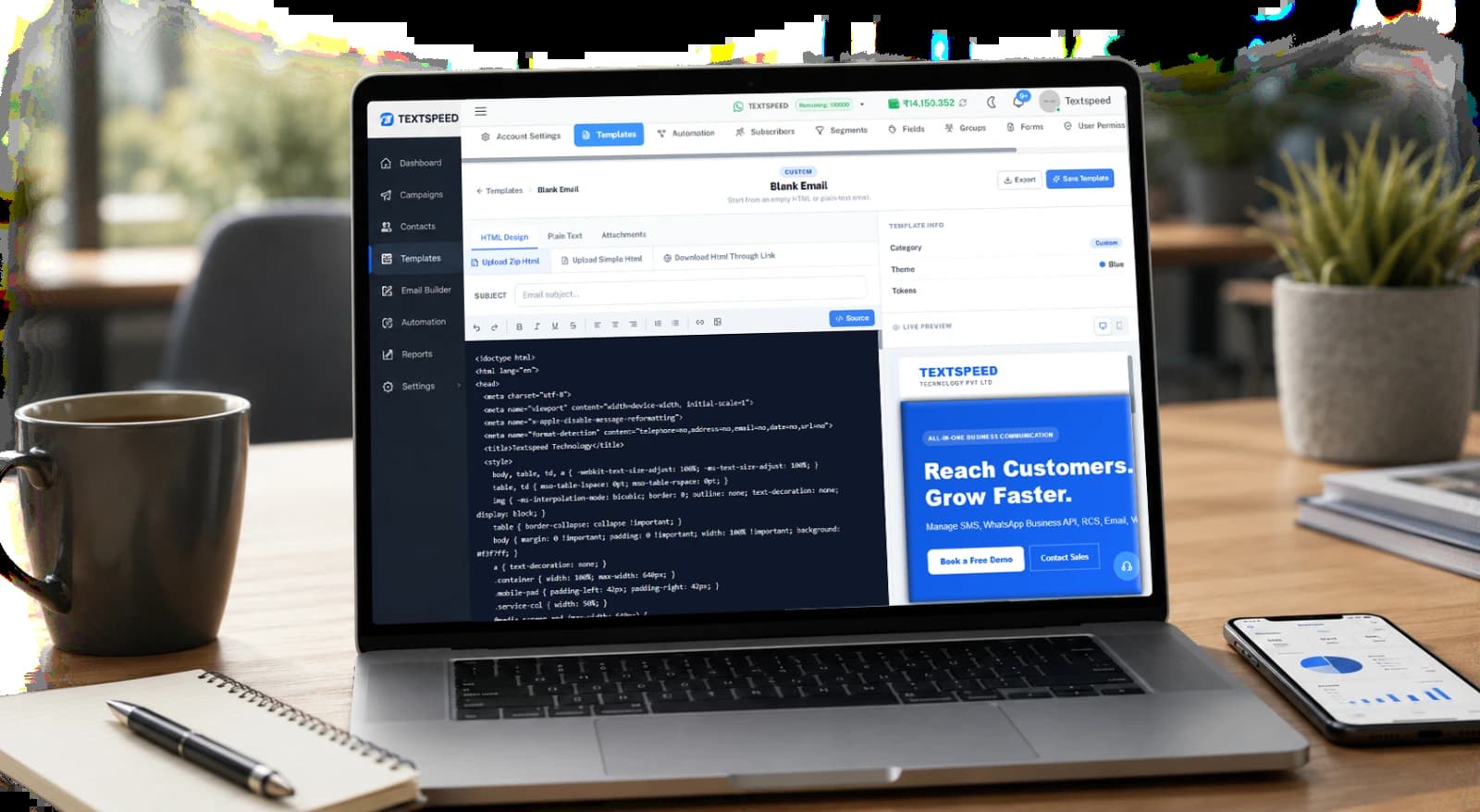 HTML code email template editor screenshot